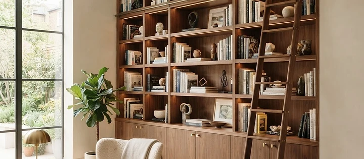 Floor to ceiling custom carpentry library shelving featuring dark wood grain in Holmdel, NJ home.