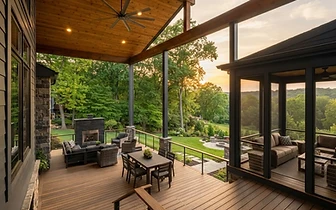 Covered Deck Construction featuring a wood ceiling and integrated fireplace for a residence in Belmar, NJ