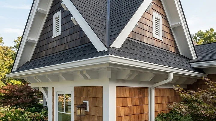 Exterior carpentry featuring cedar shake siding and roof gables on a home in Avon-by-the-Sea, NJ.