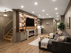 Finished basement Renovation & Remodeling project with custom built-in cabinetry and stone fireplace in Bradley Beach, NJ.
