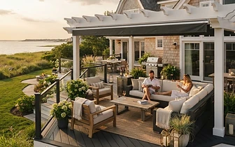 Modern composite deck with pergola and waterfront seating for Decks & Outdoor Carpentry in Bradley Beach, NJ