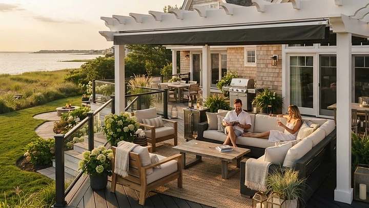 Modern composite deck with pergola and waterfront seating for Decks & Outdoor Carpentry in Bradley Beach, NJ