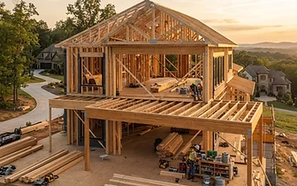 Workers installing wooden beams for residential framing on a custom home construction project in Colts Neck, NJ.