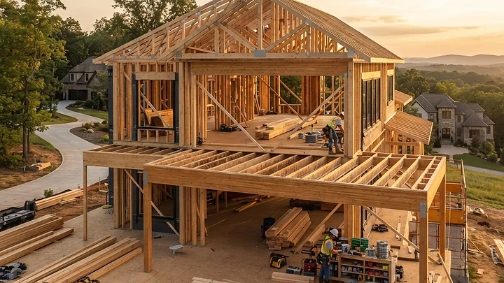 Workers installing wooden beams for residential framing on a custom home construction project in Colts Neck, NJ.