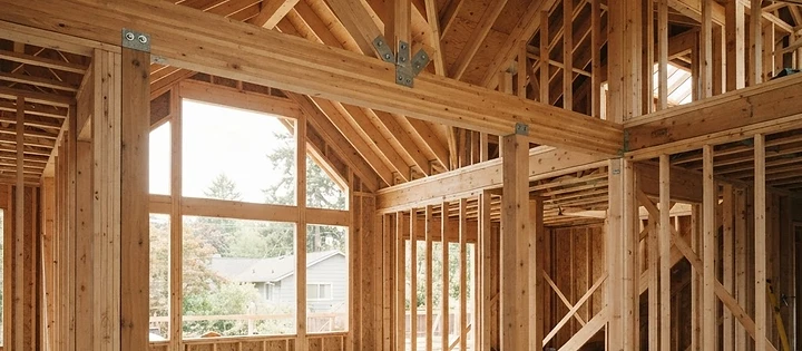 Interior view of wooden wall studs and roof rafters during residential framing in a Holmdel, NJ home.