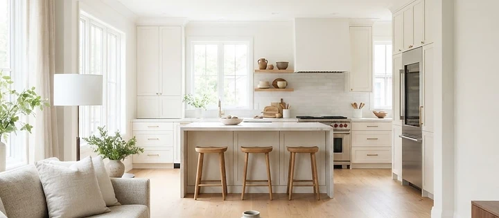 Refined residential kitchen Renovation & Remodeling featuring custom cabinetry and wood flooring in Belmar, NJ home.