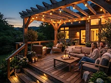 Cozy backyard deck with overhead pergola lighting for Decks & Outdoor Carpentry in Belmar, NJ