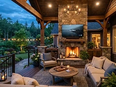 Finished Covered Deck Construction with a mounted television and stone fireplace located in Bradley Beach, NJ