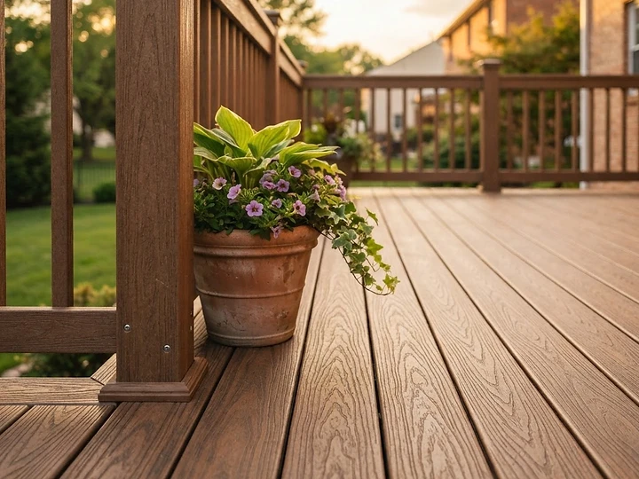 Close-up of warm brown Trex capped composite deck boards with wood-grain texture
