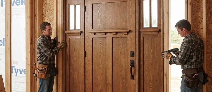 Carpenters installing a custom wood front entry system for Doors & Windows in Avon-by-the-Sea, NJ project.