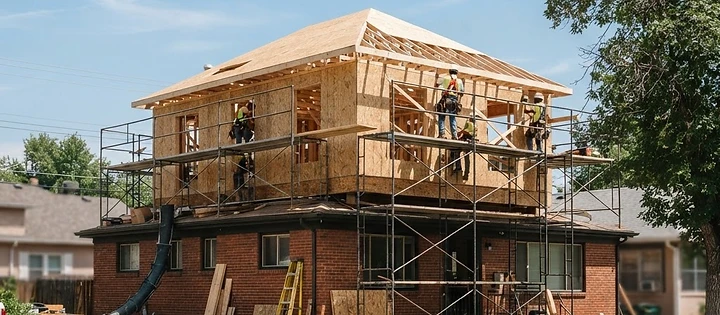 Construction workers assembling timber roof framing for Home Additions on a brick house in Bradley Beach, NJ.