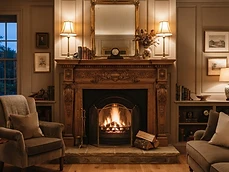 Living room fireplace featuring intricate custom carpentry wood trim detail and molding in Rumson, NJ.