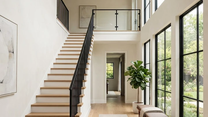Modern interior foyer featuring wooden stairs and black metal railing in a home in Holmdel, NJ.