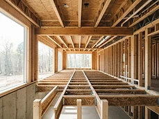 Floor joists and wooden frame structure visible during the residential framing phase of a Belmar, NJ house.