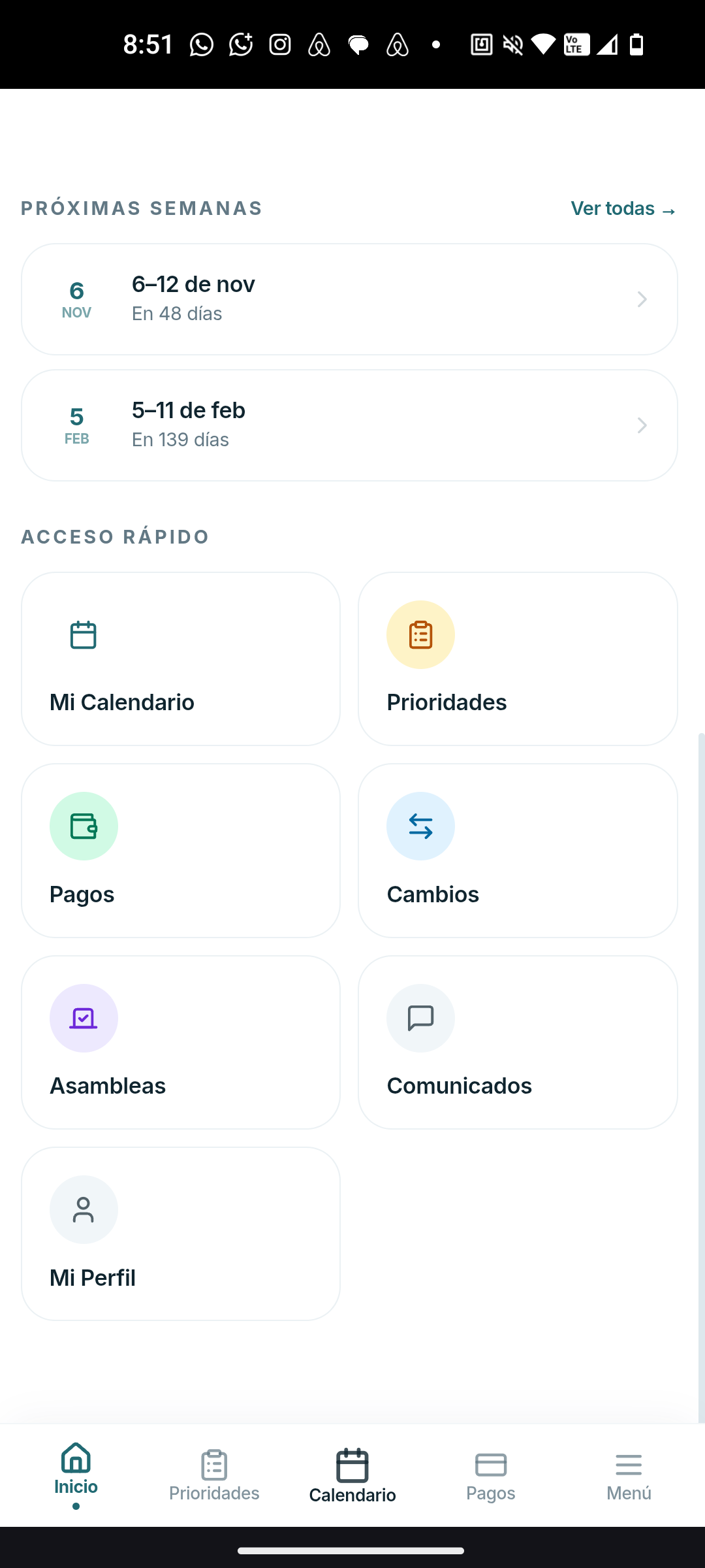 Pantalla de Inicio — acceso rápido