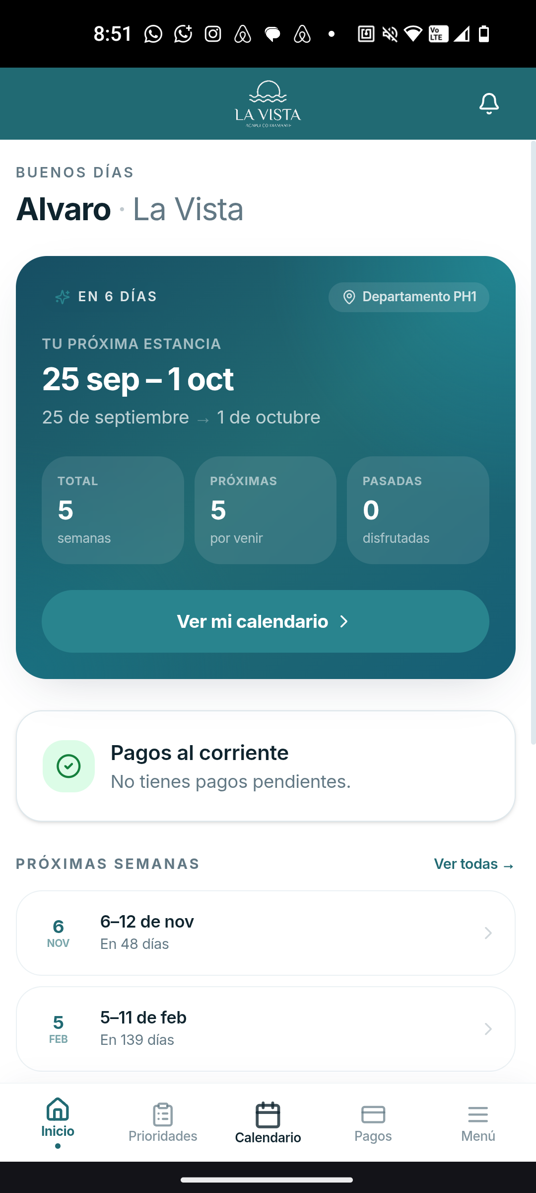 Pantalla de Inicio — próxima estancia