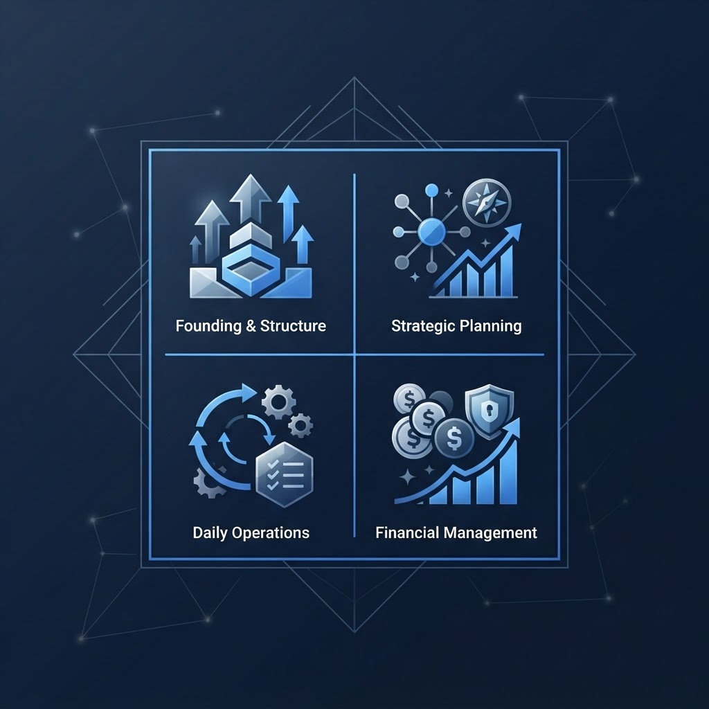 Illustration zur AG-Gruendung und Organisation mit Vier-Quadranten-Panel