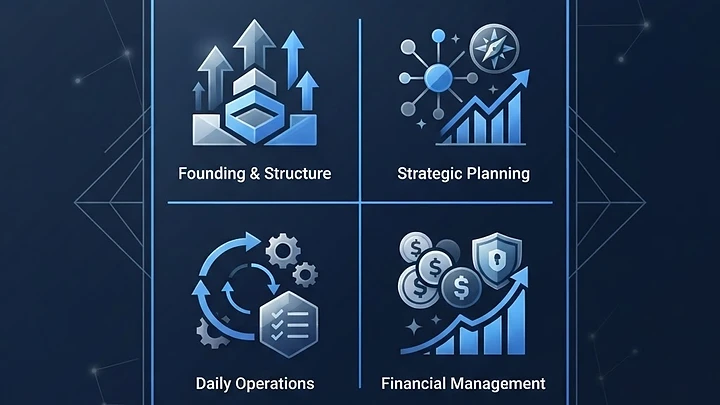 Illustration zur AG-Gruendung und Organisation mit Vier-Quadranten-Panel
