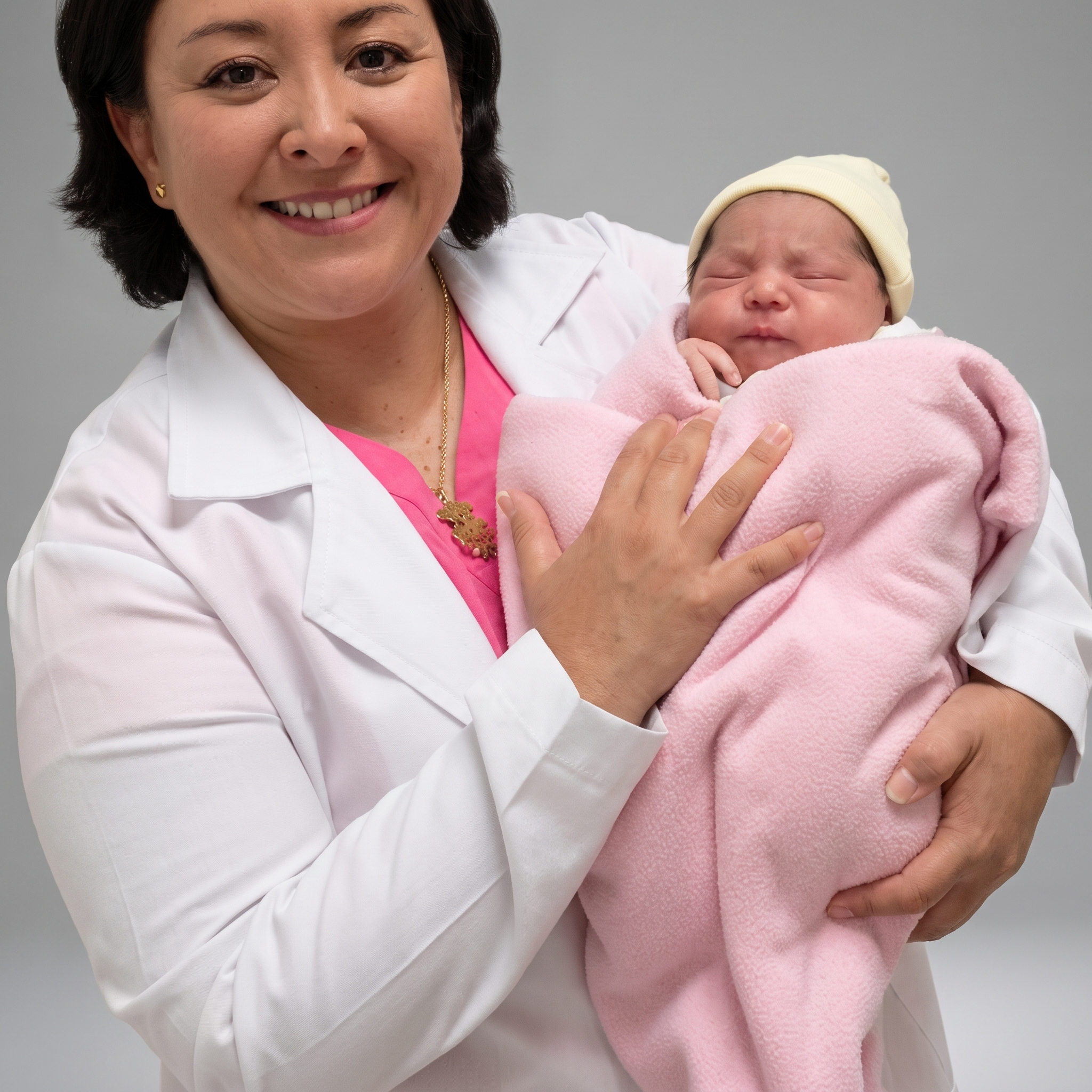 Dra. Luz sonriendo con un recién nacido dormido