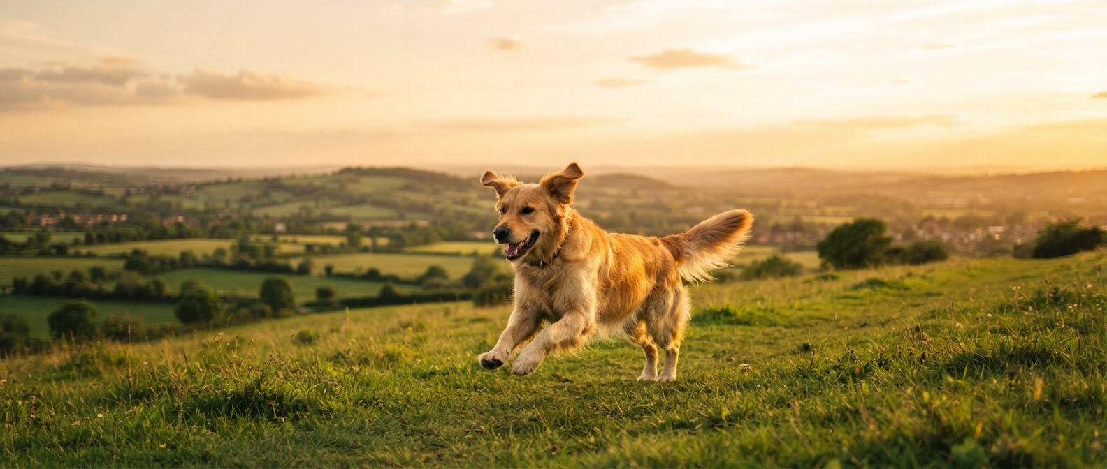 A happy dog running across a Bromsgrove hillside at golden hour