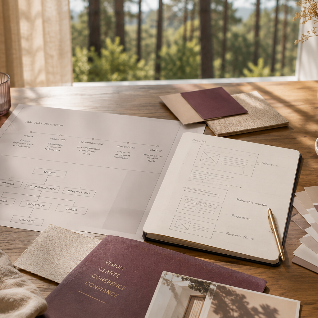 Plan de site, wireframes et documents de conception disposés sur une table