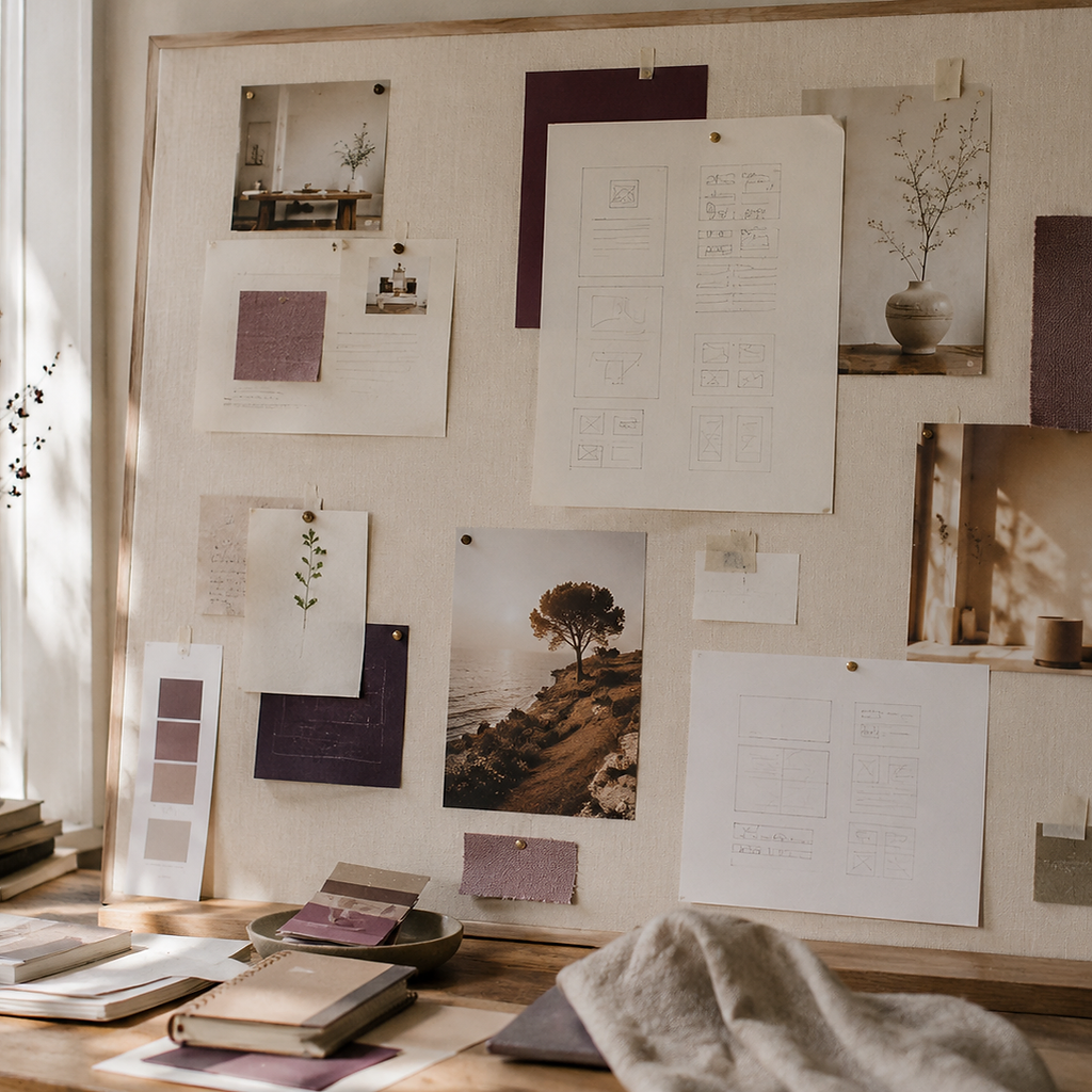 Carnet, matières et ordinateur dans un espace de travail créatif Happy Cocoon