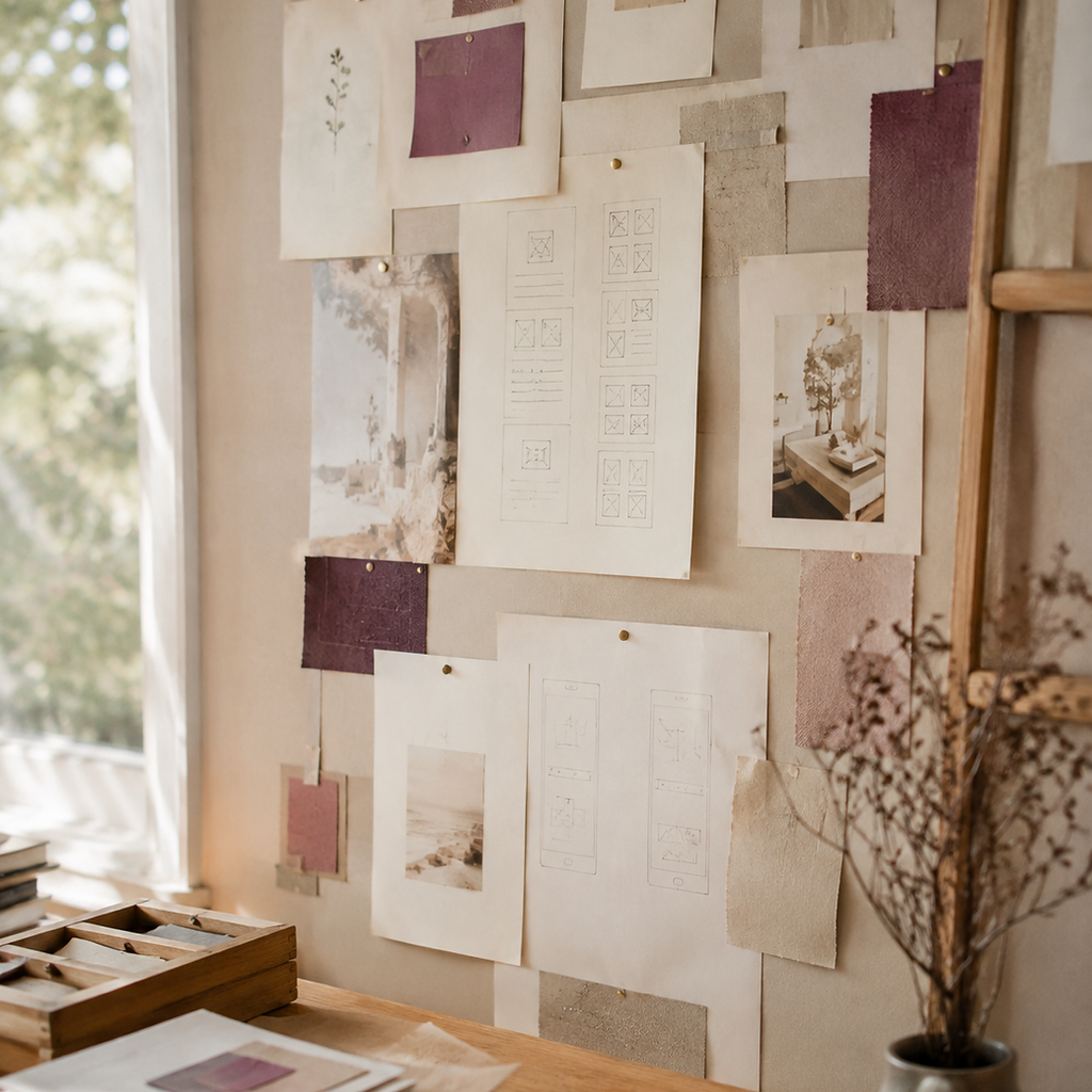 Mur de travail avec wireframes, stratégie, matières et documents épinglés