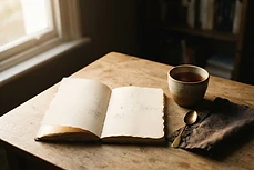 Caderno aberto, xícara de chá e luz natural suave sobre uma mesa minimalista.