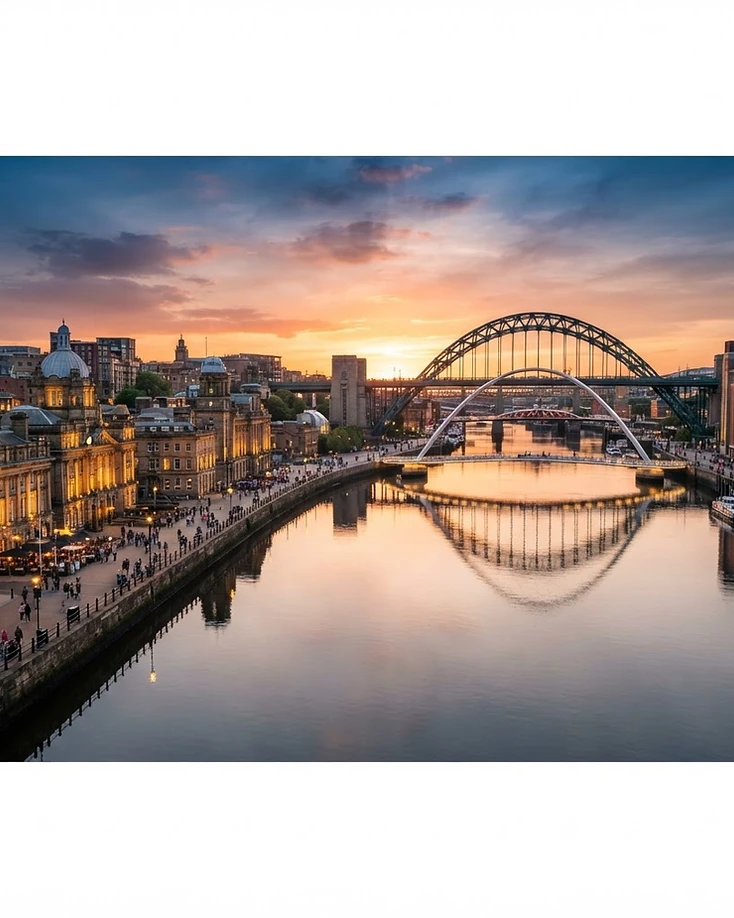 Newcastle Quayside at golden hour, the Tyne Bridge and Millennium Bridge over the River Tyne