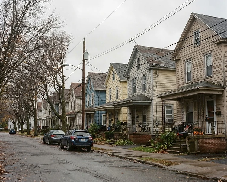 Quiet Capital Region streetscape of older homes