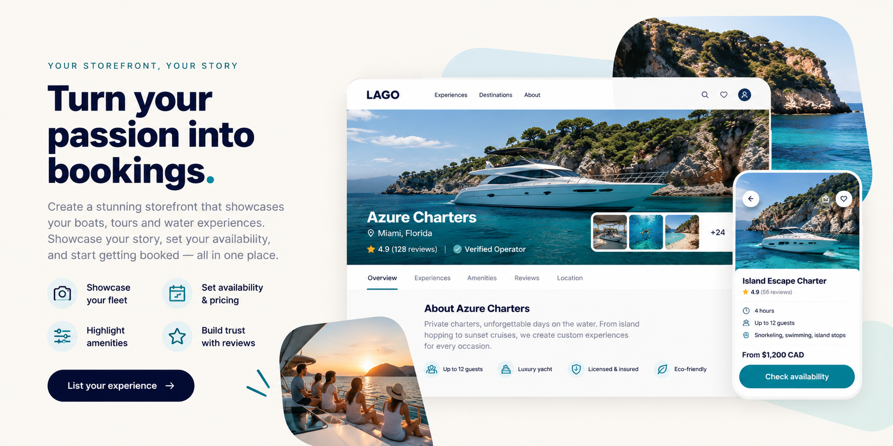 Turn your boating passion into bookings — a Lago operator storefront showcased on desktop and mobile