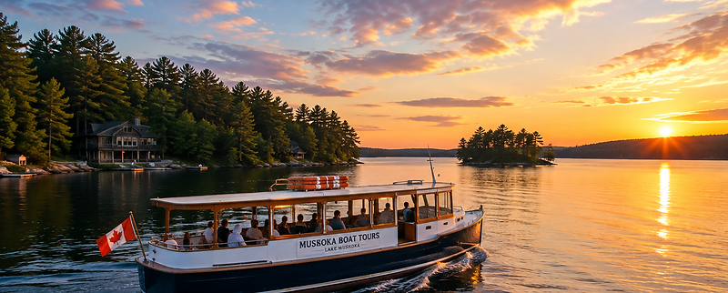 A classic wooden boat cruising across a Muskoka lake at sunset