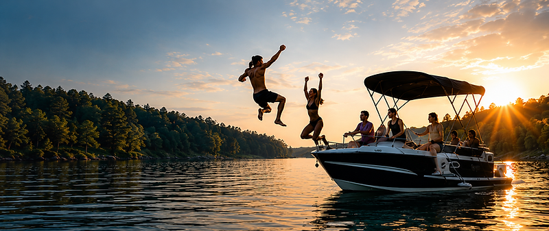 People enjoying a boat day on a Muskoka lake at sunset