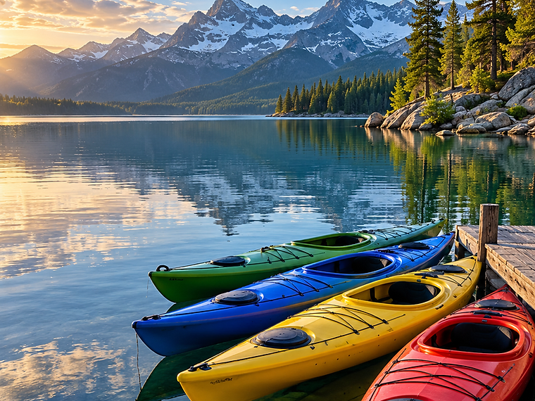 Two people paddleboarding on a calm lake at sunrise