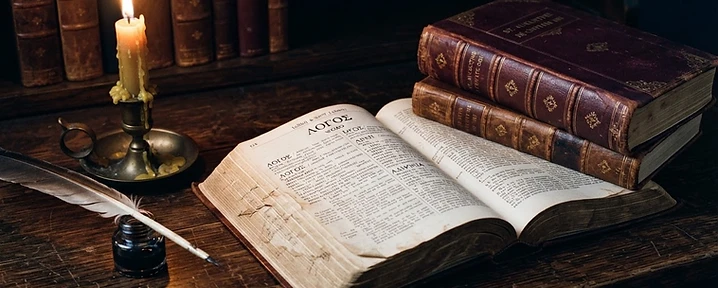Candle illuminating an open lexicon and leather-bound books
