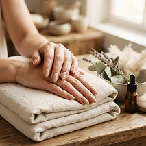 Mains soignées gel beige — prothésiste ongulaire Haute-Savoie