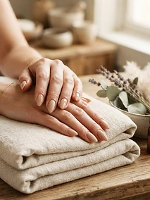 Mains soignées gel beige — prothésiste ongulaire Haute-Savoie