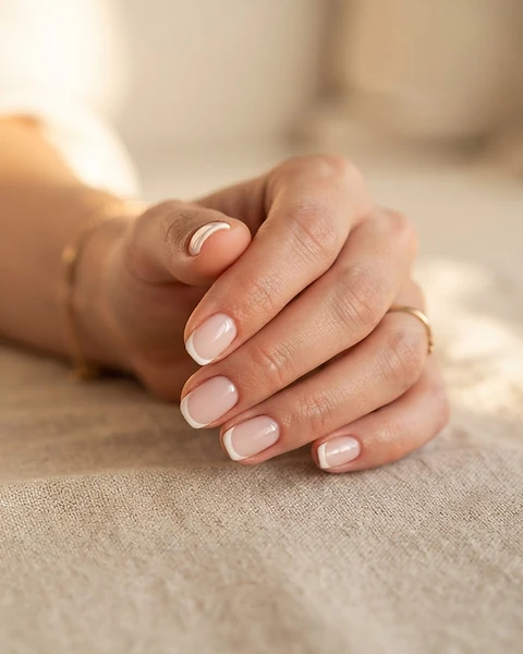 Pose d'ongles française élégante réalisée par prothésiste ongulaire à Juvigny, Haute-Savoie