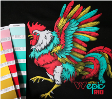 Wilflex Epic Rio ink color chart with a vibrant rooster illustration and Pantone fan deck