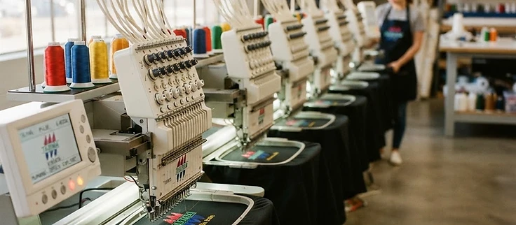 Row of multi-head Tajima embroidery machines on the SeaSide floor