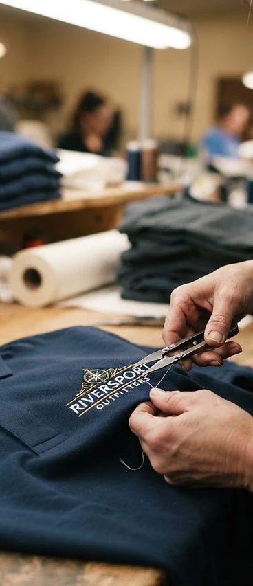 Trimming excess thread and backing from a finished embroidered logo