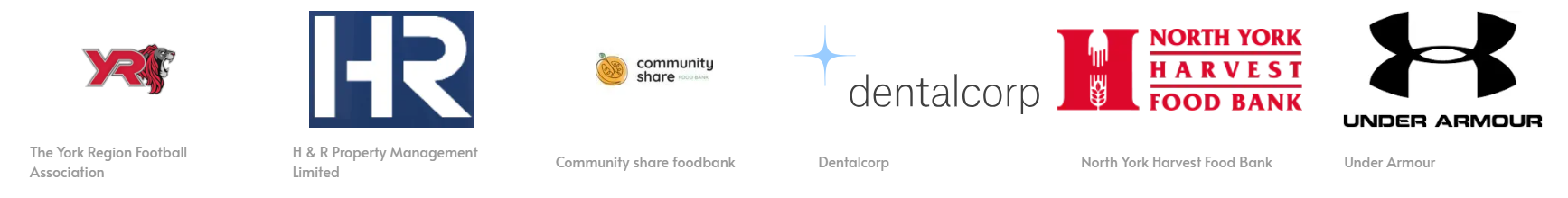 Our donors and partners: York Region Football Association, H&R Property Management Limited, Community Share Foodbank, Dentalcorp, North York Harvest Food Bank, and Under Armour