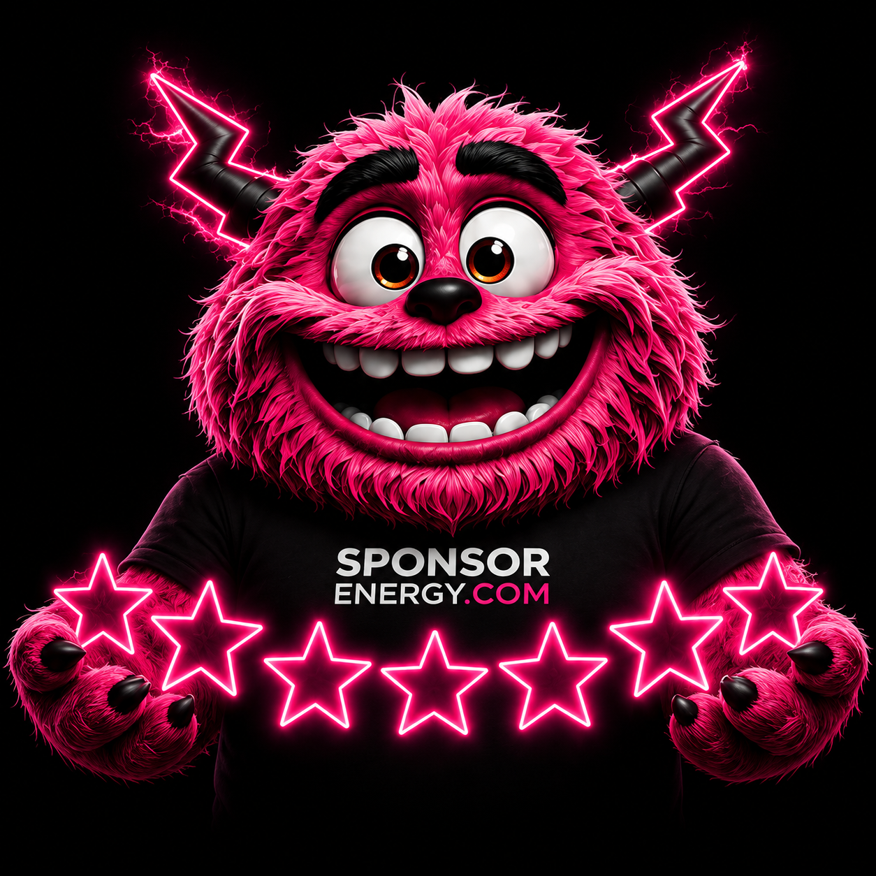 Sponsor Energy mascot — a fluffy pink creature with lightning-bolt horns wearing a black SPONSOR ENERGY.COM t-shirt, holding out a row of five glowing neon-pink stars representing five-star customer reviews.