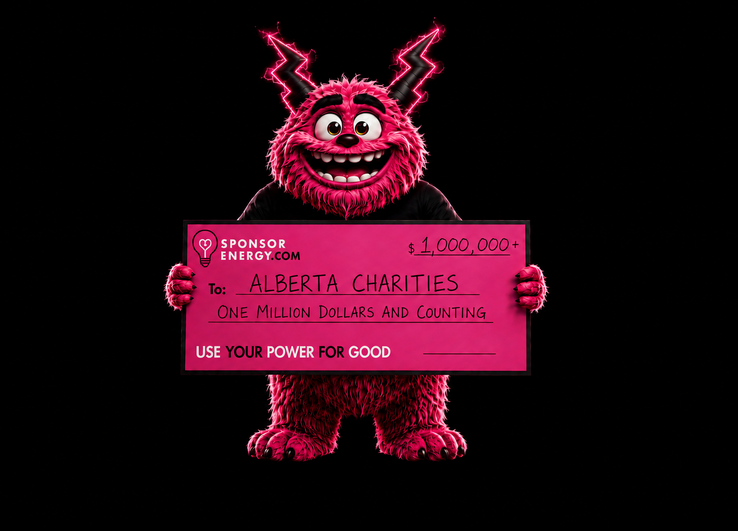 Sponsor Energy mascot holding a $1,000,000+ cheque made out to Alberta charities