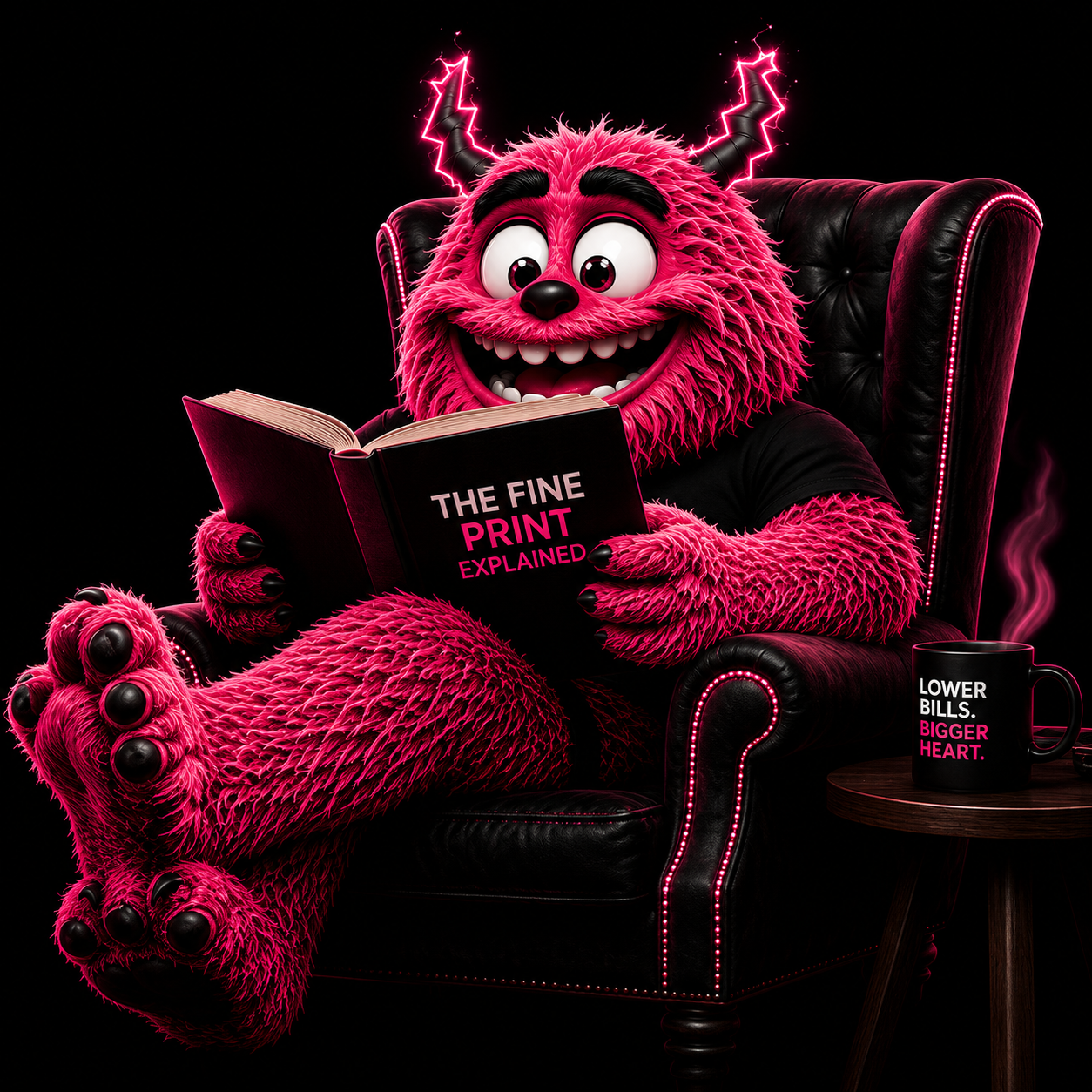Sponsor Energy mascot — a fluffy pink creature with lightning-bolt horns seated in a black armchair, reading a book titled THE FINE PRINT EXPLAINED, with a coffee mug reading LOWER BILLS. BIGGER HEART.
