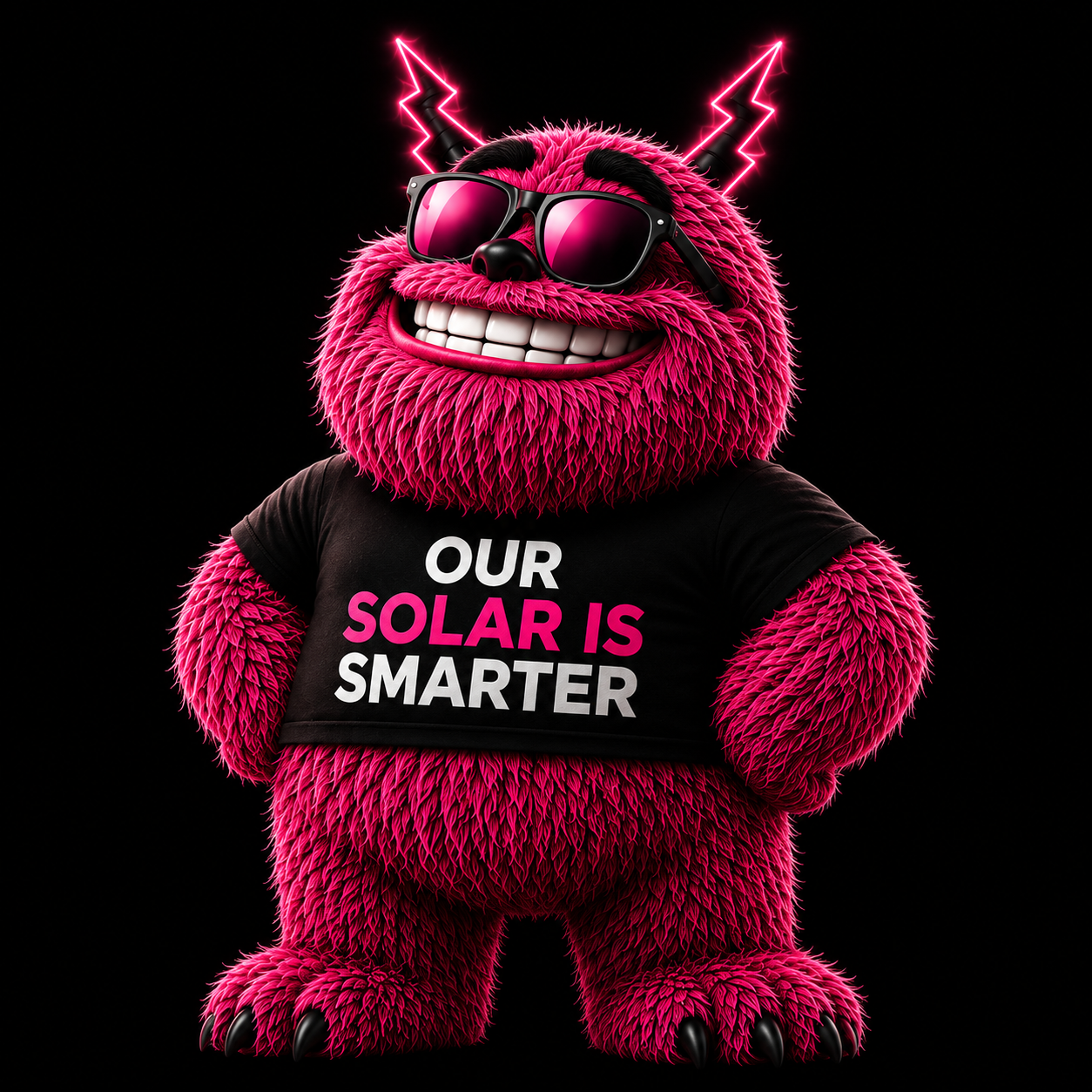 Sponsor Energy solar mascot — a pink furry creature wearing sunglasses and a black t-shirt reading OUR SOLAR IS SMARTER, standing with hands on hips.