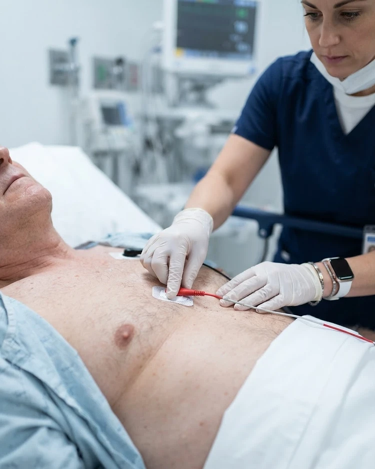 Clinical hands placing EKG leads