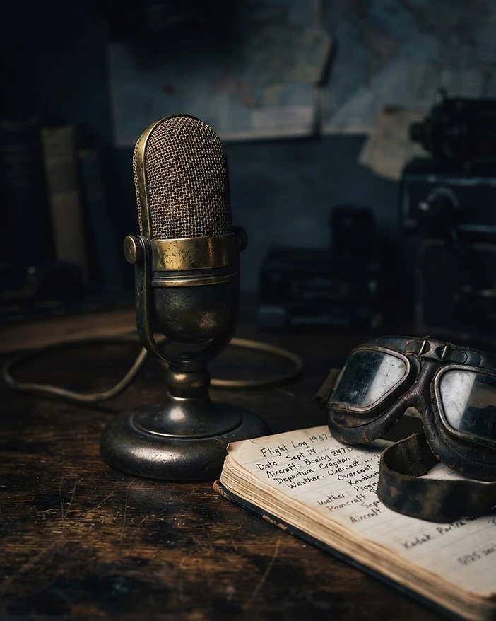 Vintage broadcast microphone beside archival transcripts and period artifacts