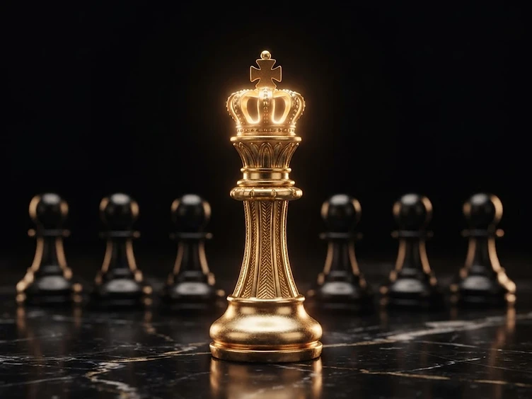 Golden chess king piece glowing on dark marble