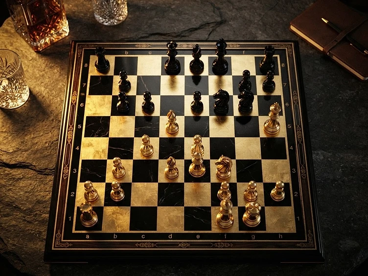 Premium chessboard arena mid-game from above